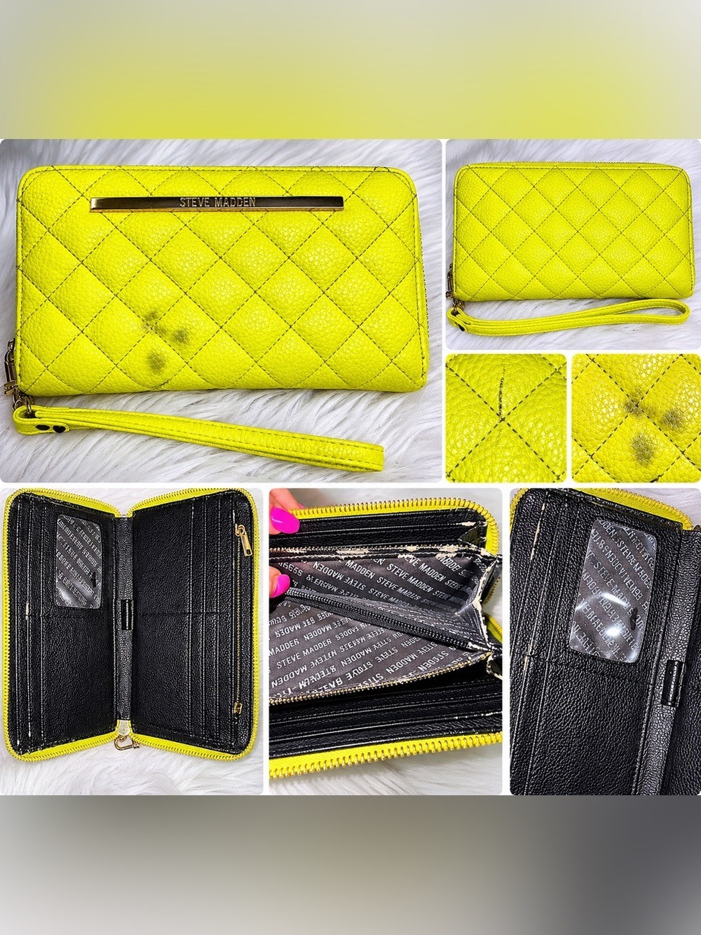 Steve Madden Neon Yellow Quilted Zip Around Wallet Wristlet - Picture 2 of 9